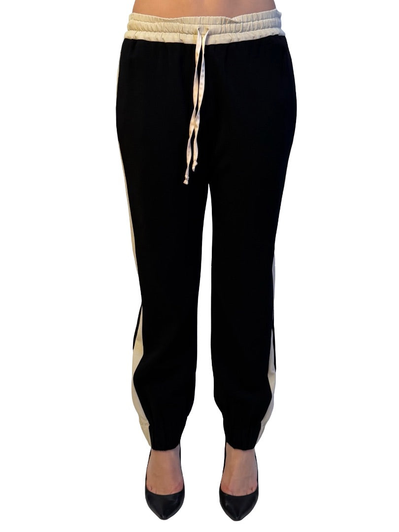 Dries Van Noten Black / Cream Drawstring Pant w/ Contrast Stripe. Size: 40