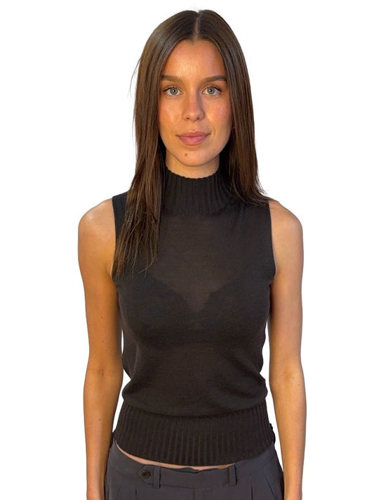 Giorgio Armani Brown Cashmere Mock Neck Sleeveless Top. Size: 44