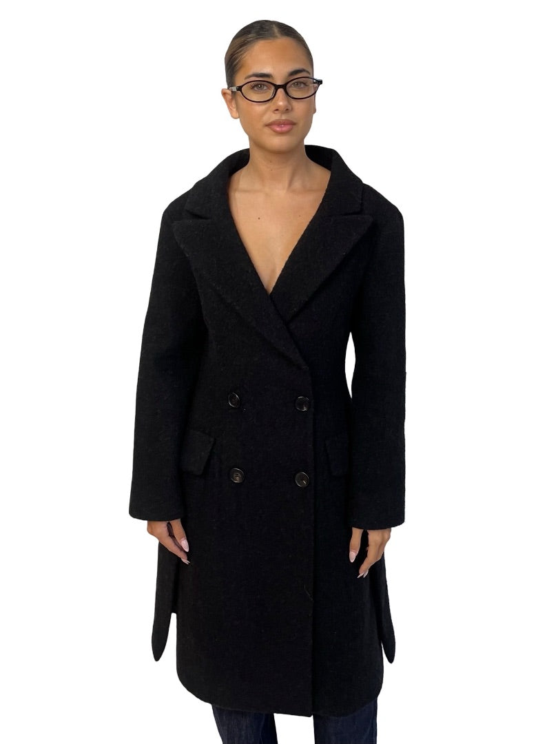 Prada Black 2009 Double Breasted Wool Hourglass Coat. Size: 38