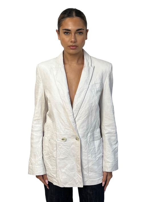 Zadig & Voltaire Ivory Crinkled Lamb Leather Blazer. Size: 38