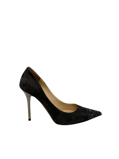 Jimmy Choo Charcoal Brushed Suede Glitter Point Pumps. Size: 38