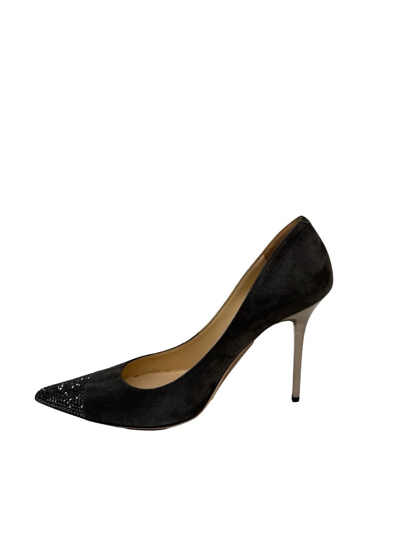 Jimmy Choo Charcoal Brushed Suede Glitter Point Pumps. Size: 38