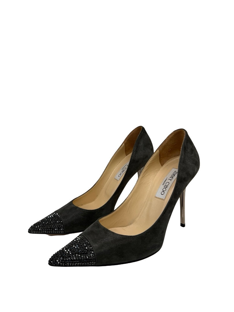 Jimmy Choo Charcoal Brushed Suede Glitter Point Pumps. Size: 38