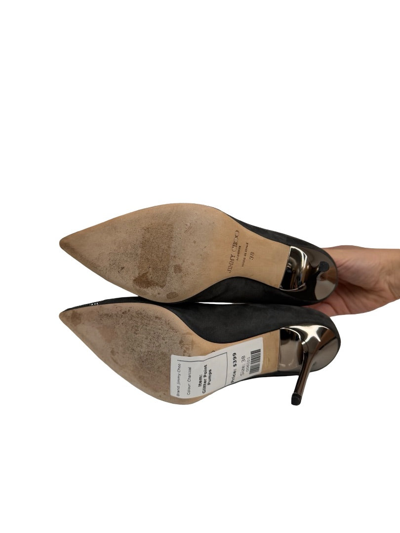 Jimmy Choo Charcoal Brushed Suede Glitter Point Pumps. Size: 38