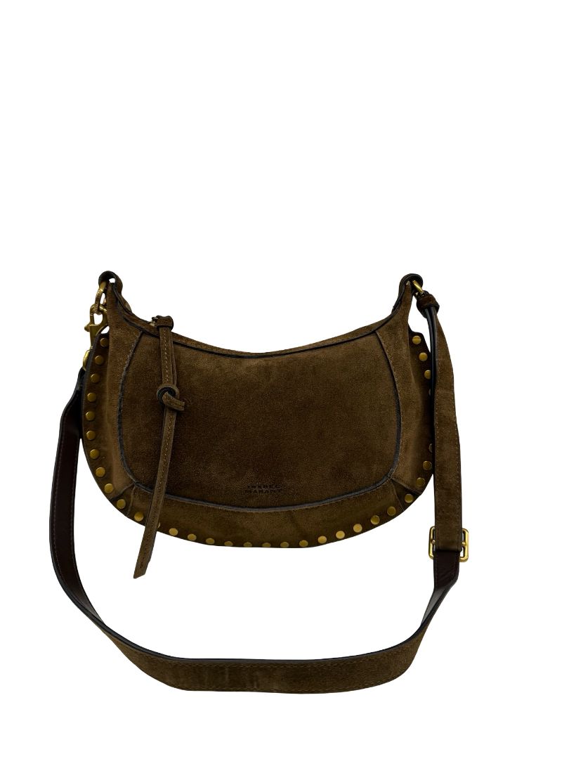Isabel Marant Brown Suede Calfskin 'Oskan Moon' Baguette Handbag W Gold Studs.