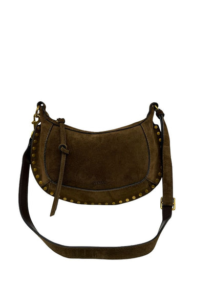 Isabel Marant Brown Suede Calfskin 'Oskan Moon' Baguette Handbag W Gold Studs.