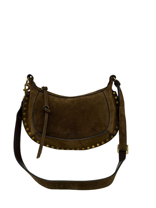 Isabel Marant Brown Suede Calfskin 'Oskan Moon' Baguette Handbag W Gold Studs.