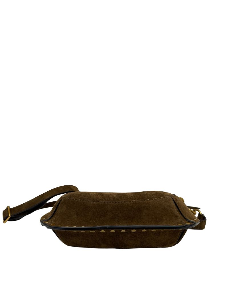 Isabel Marant Brown Suede Calfskin 'Oskan Moon' Baguette Handbag W Gold Studs.