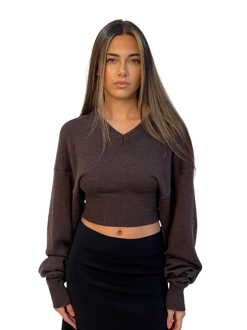 Sportmax Brown Ultra Long Sleeve Wool V Neck Top W Fitted Waist.Size: M
