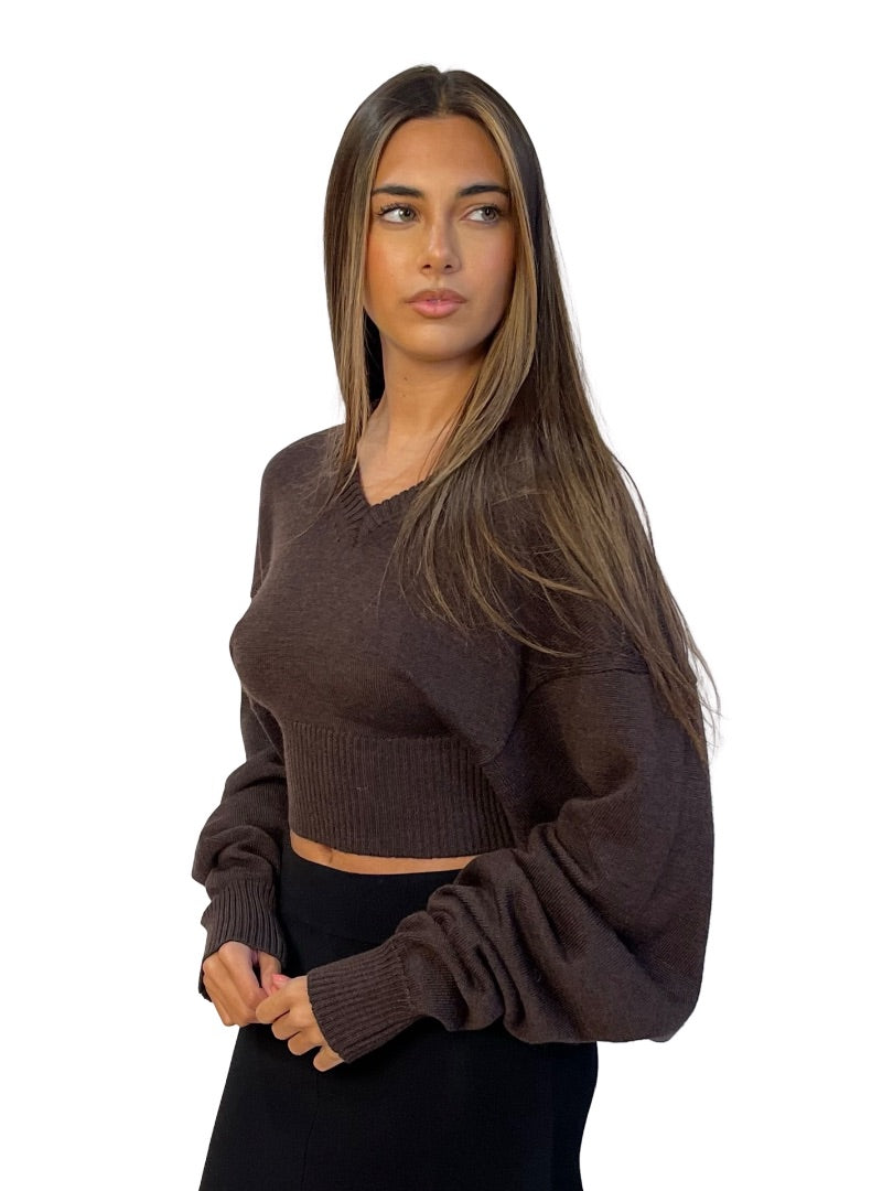 Sportmax Brown Ultra Long Sleeve Wool V Neck Top W Fitted Waist.Size: M