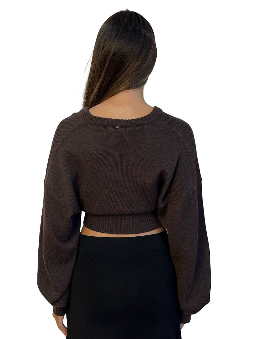 Sportmax Brown Ultra Long Sleeve Wool V Neck Top W Fitted Waist.Size: M