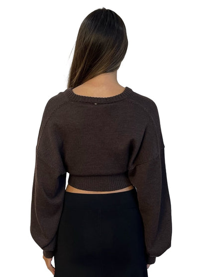 Sportmax Brown Ultra Long Sleeve Wool V Neck Top W Fitted Waist.Size: M