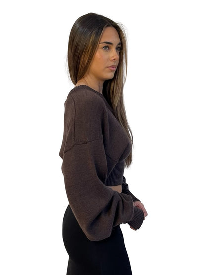Sportmax Brown Ultra Long Sleeve Wool V Neck Top W Fitted Waist.Size: M