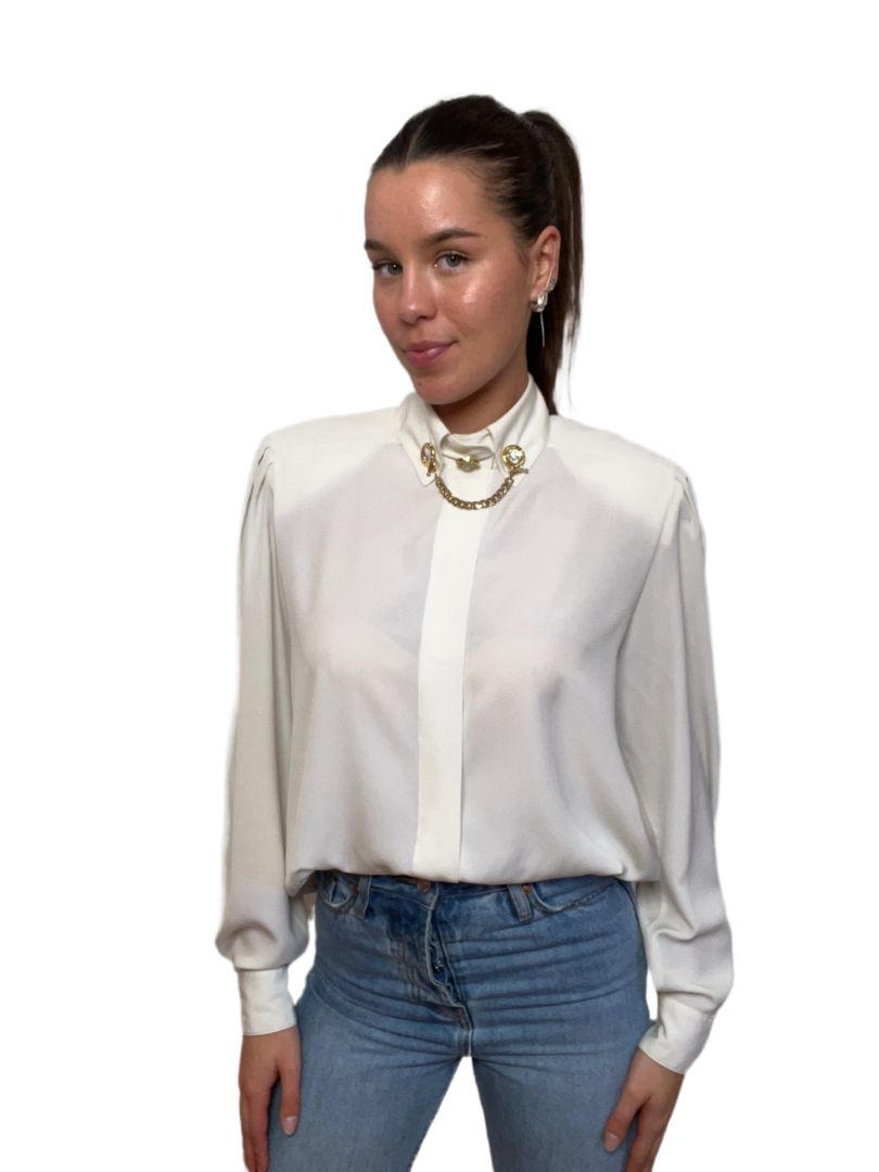 Louis Feraud White Blouse with Gold Hardware and Shoulder Pads. Size: 40