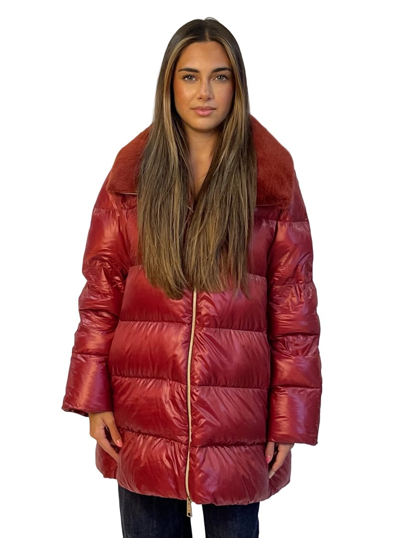 Herno Red Faux Fur Collared Puffer. Size: 48