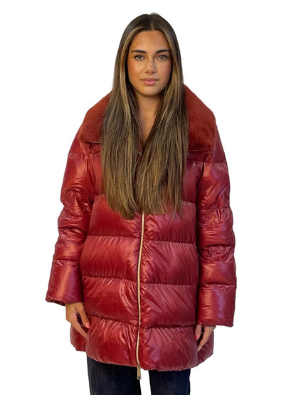 Herno Red Faux Fur Collared Puffer. Size: 48