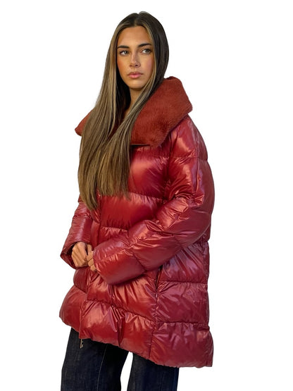 Herno Red Faux Fur Collared Puffer. Size: 48