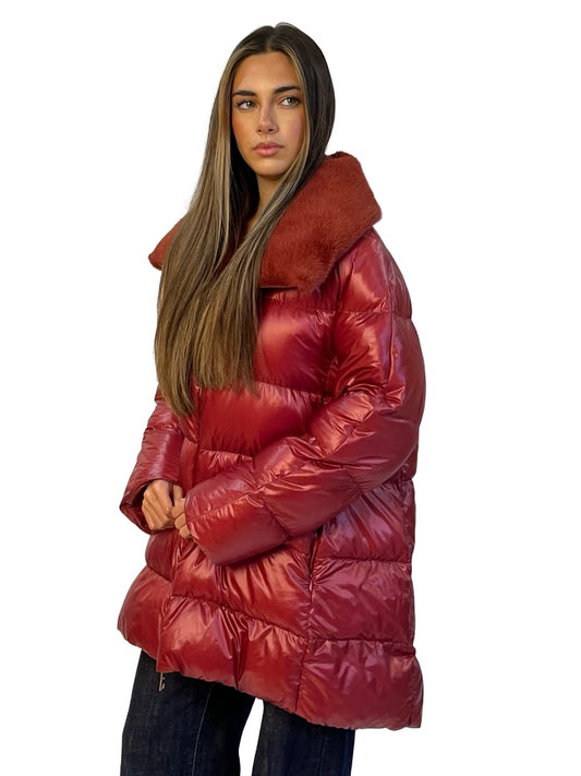 Herno Red Faux Fur Collared Puffer. Size: 48
