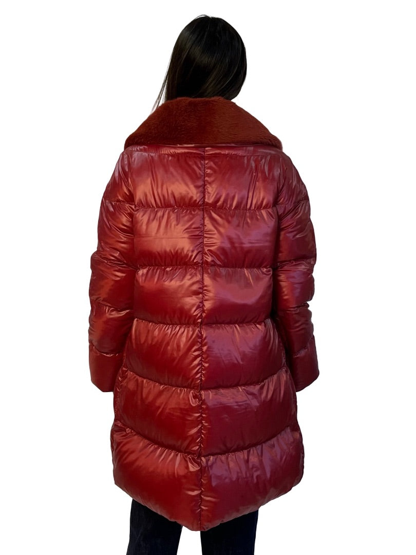 Herno Red Faux Fur Collared Puffer. Size: 48