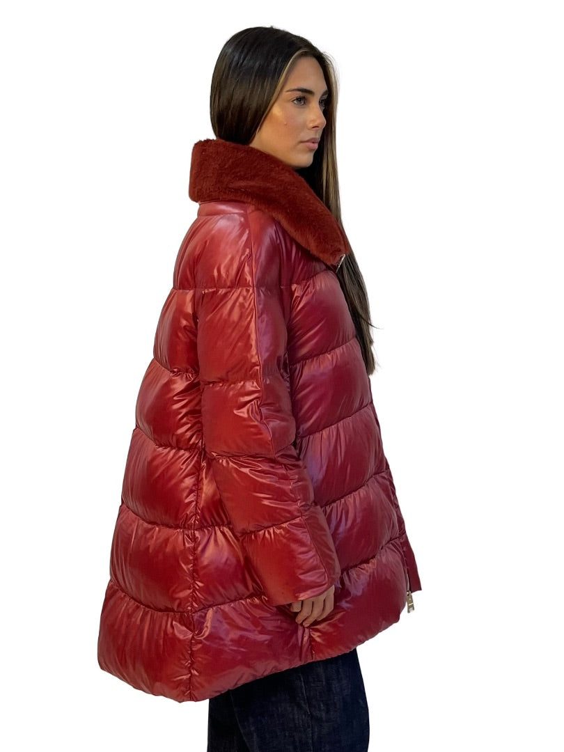 Herno Red Faux Fur Collared Puffer. Size: 48