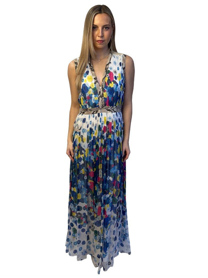 Diane Von Furstenberg Blue/Multi Sleeveless Silk Pleated Dress W Snake Trim. Size: 10
