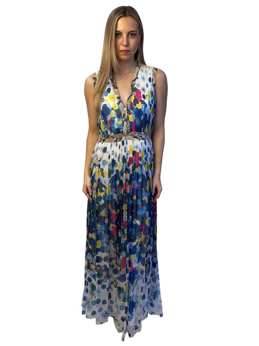 Diane Von Furstenberg Blue/Multi Sleeveless Silk Pleated Dress W Snake Trim. Size: 10