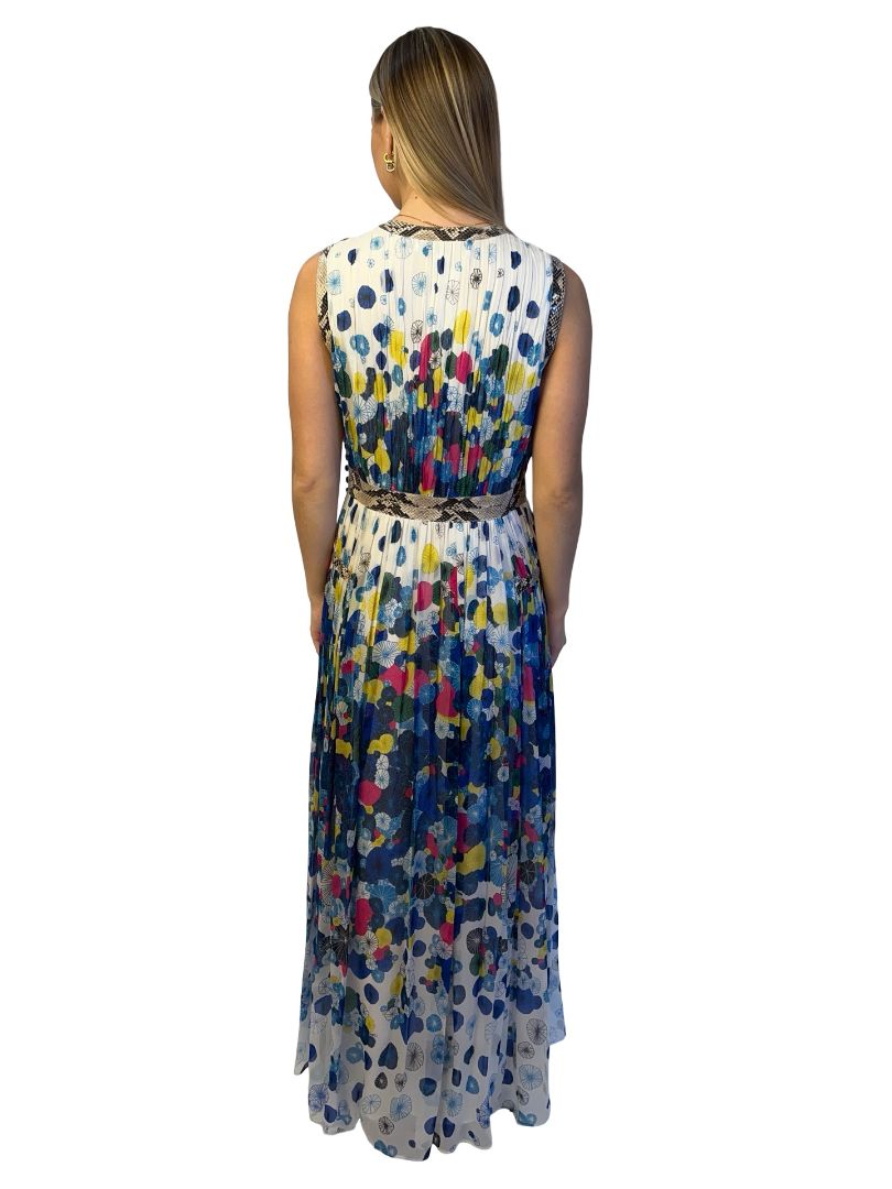 Diane Von Furstenberg Blue/Multi Sleeveless Silk Pleated Dress W Snake Trim. Size: 10