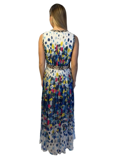 Diane Von Furstenberg Blue/Multi Sleeveless Silk Pleated Dress W Snake Trim. Size: 10