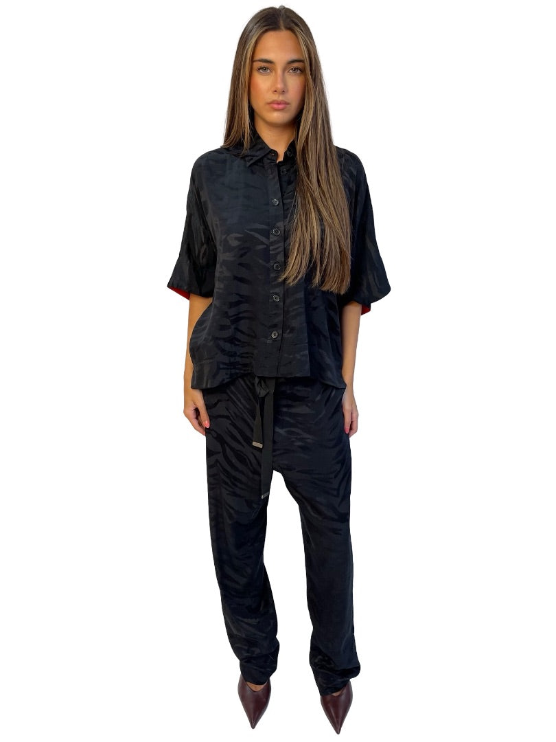 Zadig & Voltaire Black Tiger Stripe Jacquard Silk Shirt & Pant Set. Size: M & 40