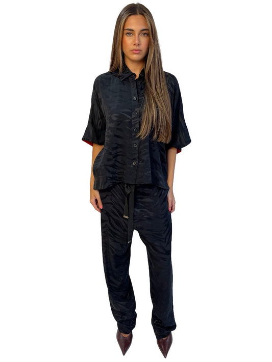 Zadig & Voltaire Black Tiger Stripe Jacquard Silk Shirt & Pant Set. Size: M & 40