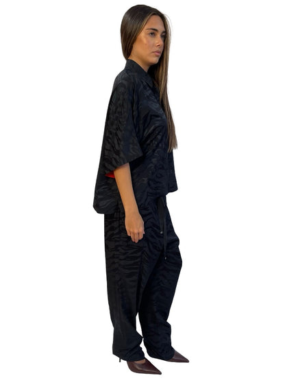 Zadig & Voltaire Black Tiger Stripe Jacquard Silk Shirt & Pant Set. Size: M & 40