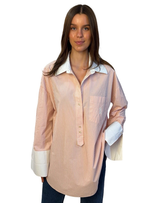 By Malene Birger Pink / White Striped Shirt w/ Logo Embroidered Pocket. Size: 40