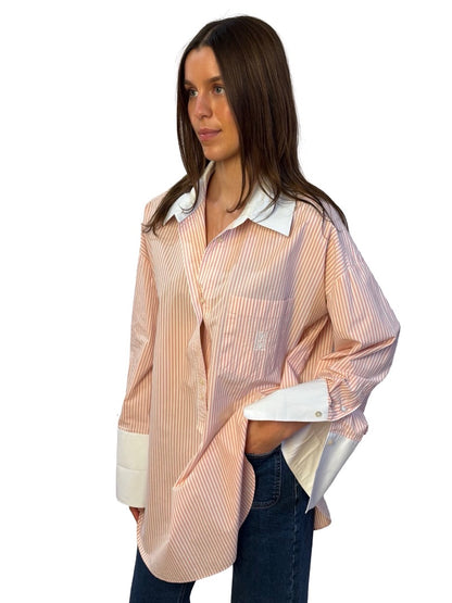 By Malene Birger Pink / White Striped Shirt w/ Logo Embroidered Pocket. Size: 40
