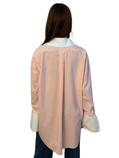 By Malene Birger Pink / White Striped Shirt w/ Logo Embroidered Pocket. Size: 40