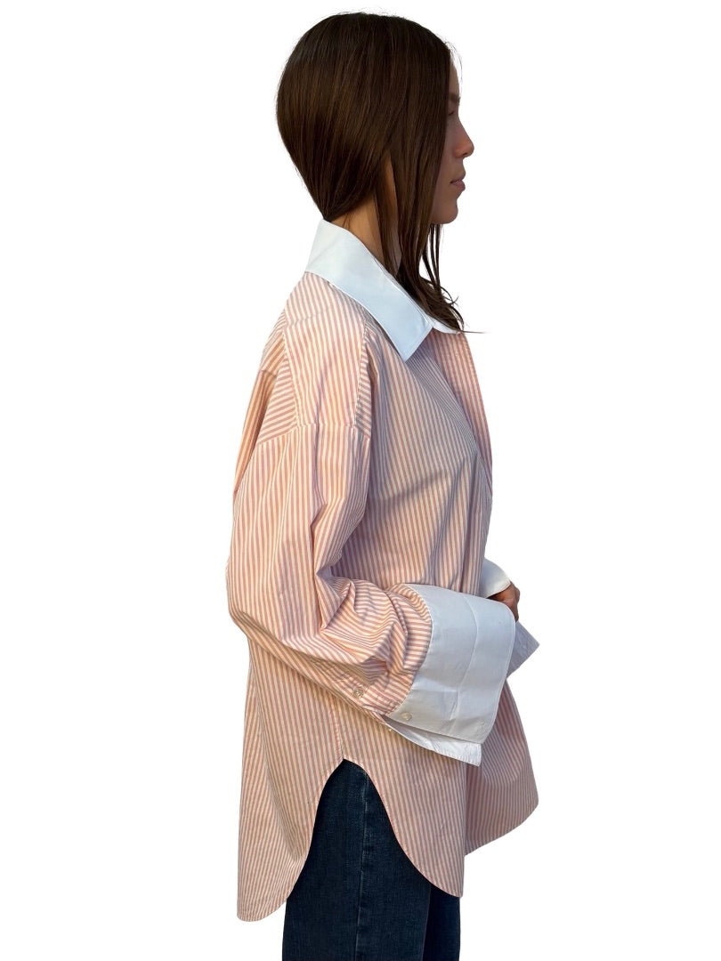 By Malene Birger Pink / White Striped Shirt w/ Logo Embroidered Pocket. Size: 40