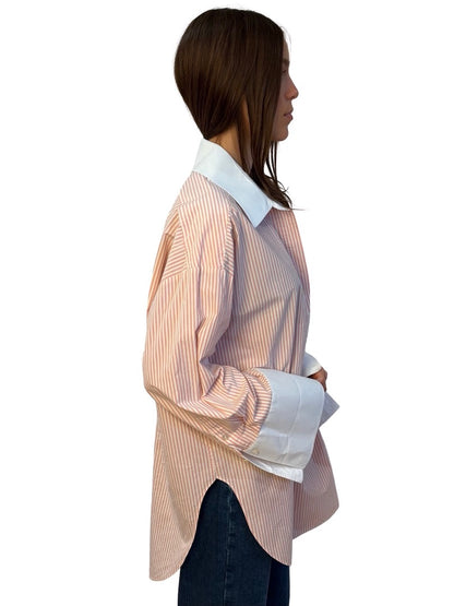 By Malene Birger Pink / White Striped Shirt w/ Logo Embroidered Pocket. Size: 40