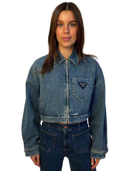 Prada Blue Wash Cropped Denim Jacket. Size: 36