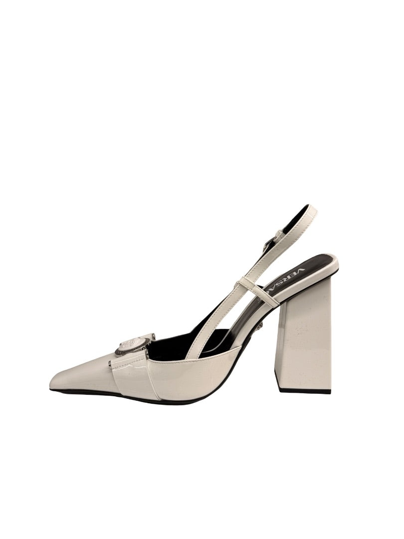 Versace White Medusa Slingback 105 Block Heels. Size: 38