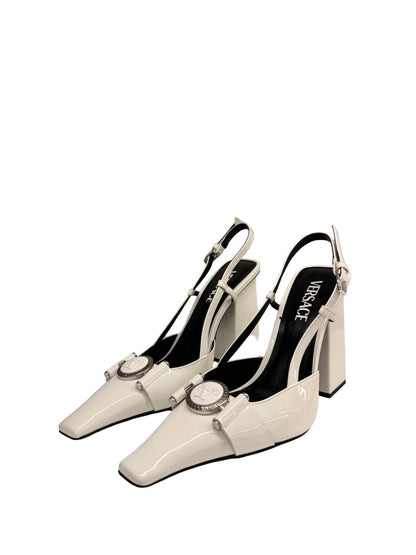 Versace White Medusa Slingback 105 Block Heels. Size: 38