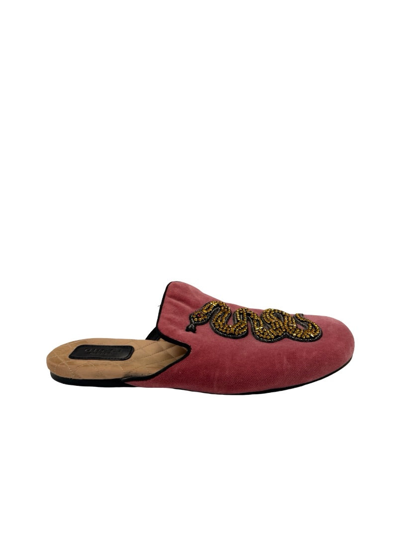 Gucci Pink 'Lawrence' Crystal Snake Velvet Mules. Size: 37.5