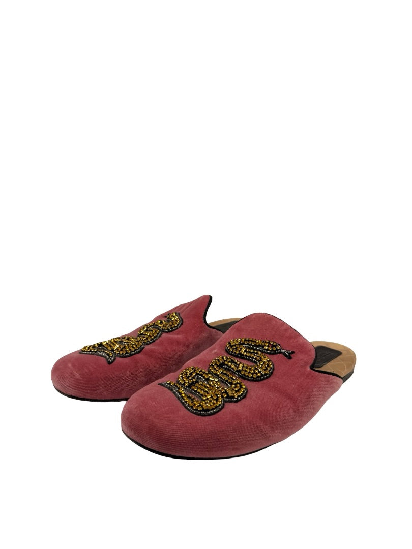 Gucci Pink 'Lawrence' Crystal Snake Velvet Mules. Size: 37.5