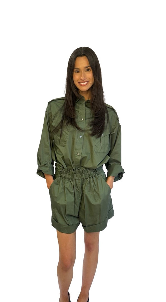 IRO Dark Green Cotton Shirt / Short Set. Size: 34-38