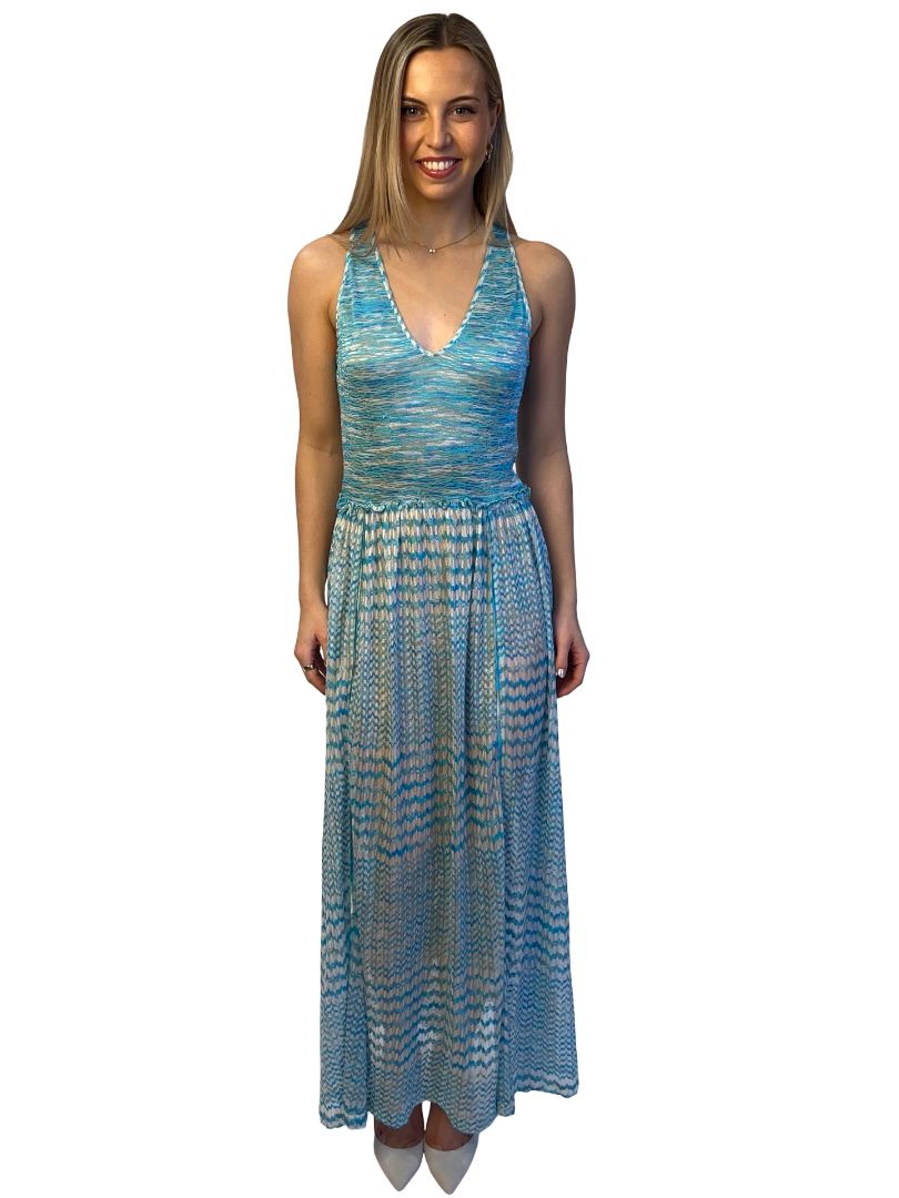 Missoni Blue Wave Pattern V Neck Dress. Size: 44