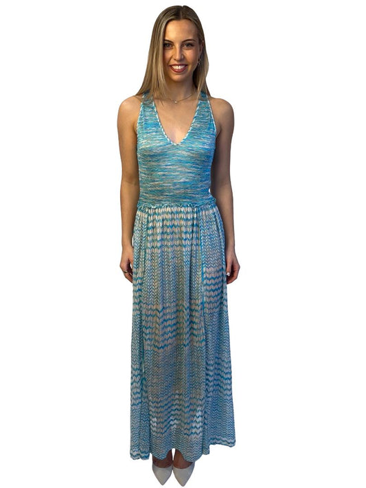 Missoni Blue Wave Pattern V Neck Dress. Size: 44