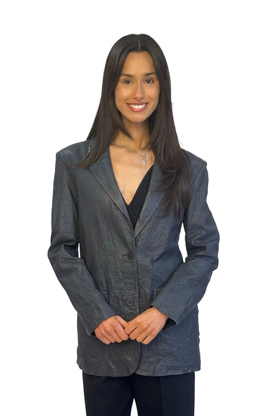 Zadig & Voltaire Grey Crinkled Lamb Leather Blazer. Size: 36