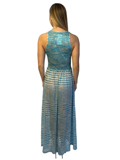 Missoni Blue Wave Pattern V Neck Dress. Size: 44