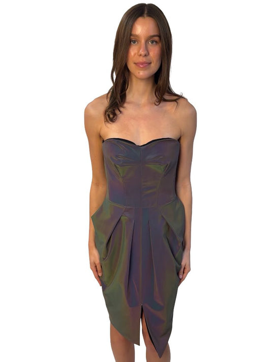 Maticevski Grey PF 2020 'Neuron' Iridescent Strapless Dress. Size: 10