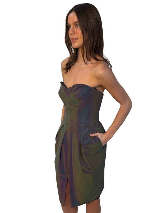 Maticevski Grey PF 2020 'Neuron' Iridescent Strapless Dress. Size: 10