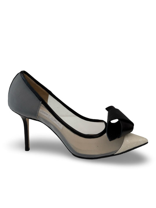 Jimmy Choo Grey/Black 'Mesh Logo Leather Bow Heels. Size: 40