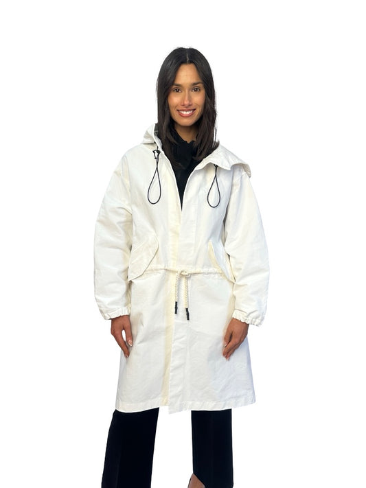 Bassike White Cotton Hooded Trench W Rope Tie. Size: XXS